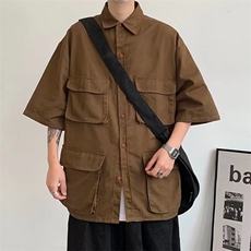 夏季日系潮流宽松工装短袖衬衫男中性休闲衬衣外套W3198-P38，男装衬衫，星座512-3