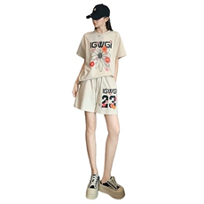 潮流时尚休闲运动套装女夏季新款印花圆领短袖上衣阔腿短裤两件套，女装套装/套裙，2C310