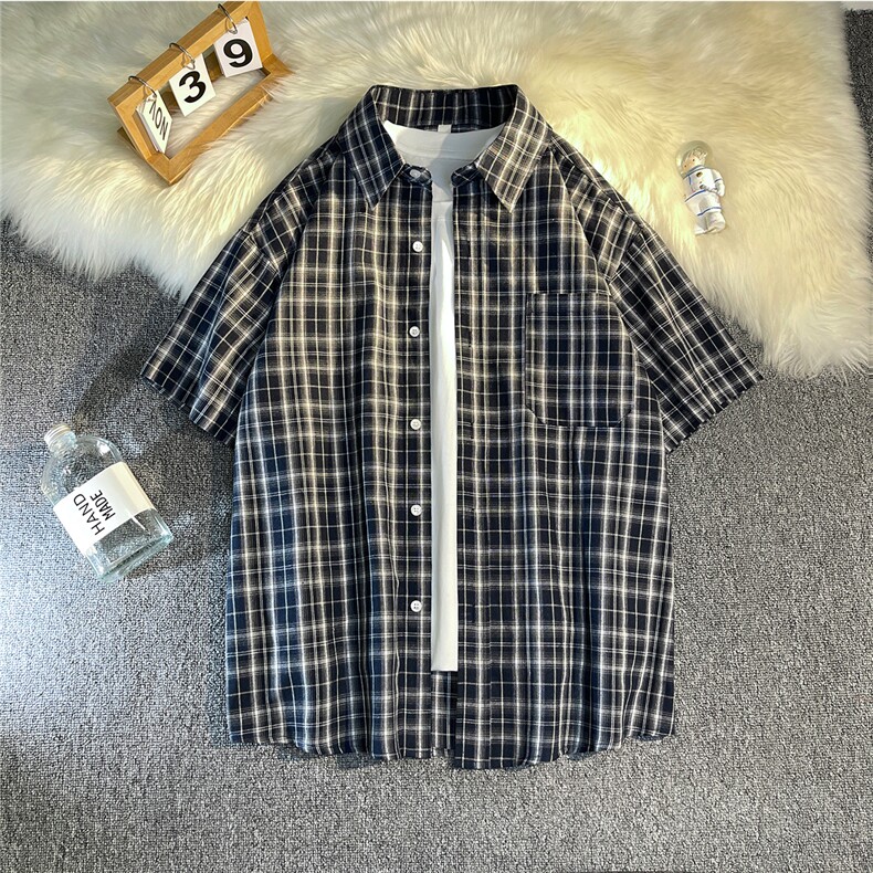 B413-1-CS292纯棉格子短袖衬衫青少年宽松半袖衬衣特P40控69,男装衬衫,电商B413-1