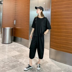 妙形M女装休闲宽松两件套2024年夏季T恤配休闲拼接裤子显瘦，女装套装/套裙，天丽