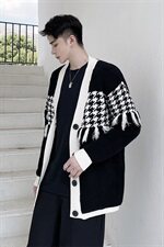 新款千鸟格针织开衫毛衣男时尚流苏百搭毛衫外套A452--MY24--P115，男装针织衫/毛衣，电商A452