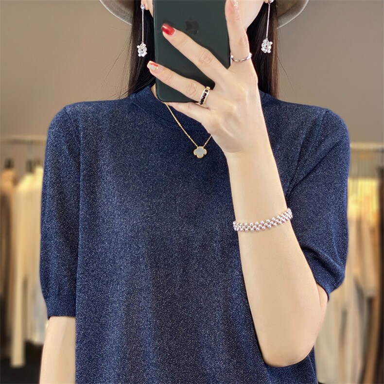 薄款超细精纺短袖天丝羊毛衫女春秋夏圆领宽松针织打底衫半袖T恤,女装T恤,大美人包芯纱店