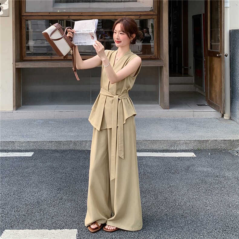 新款现货主推夏季无袖气质套装女老钱风阔腿裤清冷感韩系两件套,女装套装/套裙,网红馆