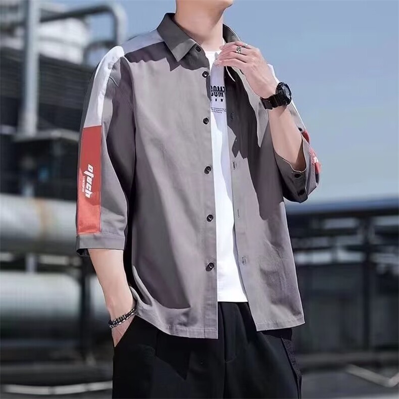 男士短袖衬衫男韩版潮流夏季薄款日系港风七分半袖衫休闲百搭衬衣,男装T恤,星座506A