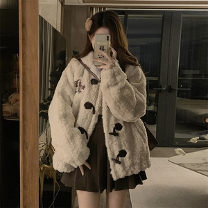 C874-P130羊角扣连帽棉服女冬季加厚外套美式复古宽松毛毛棉衣图片
