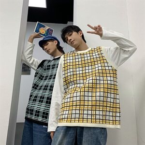 韩版毛背心男宽松个性格子潮流复古马甲毛衣 T016-P55图片