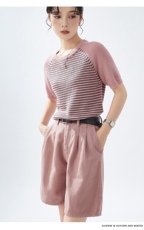 2025春夏条纹针织衫精纺羊毛短袖女宽松显瘦插肩，女装T恤，德聚羊绒
