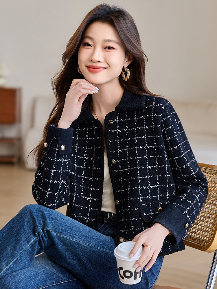 小香风格子短款外套女装2025春秋新款小个子休闲气质翻领开衫上衣,针织衫/毛衣,韩然一族