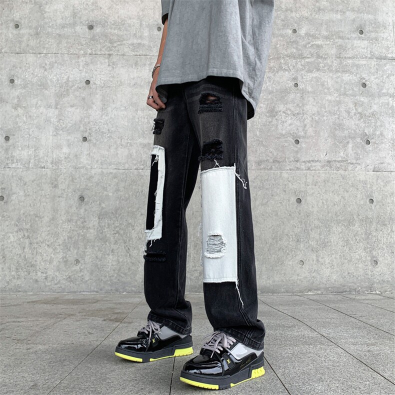 B221美式ins高街小众个性乞丐裤直筒破洞牛仔裤LK23099-P65控88,男装牛仔裤,电商B221