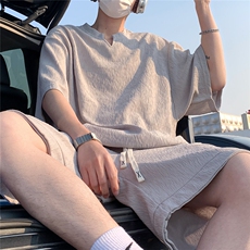 2026夏V领短袖冰丝T恤套装大码男纹理提花半袖TZ5677/特P45灰5，男装T恤，电商A094