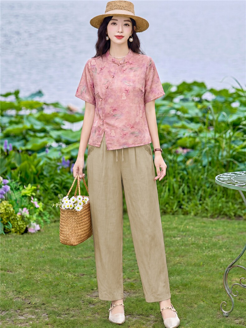 现货2026年夏季新款中式时尚两件套装女T恤小衬衫加天丝麻直筒裤,女装套装/套裙,璐依舞