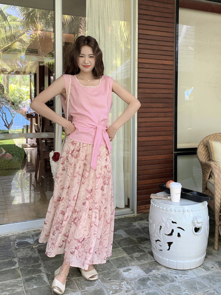粉色上衣碎花半身裙套装女2025夏季新款氛围感穿搭超仙减龄两件套,女装套装/套裙,慧尚2-185