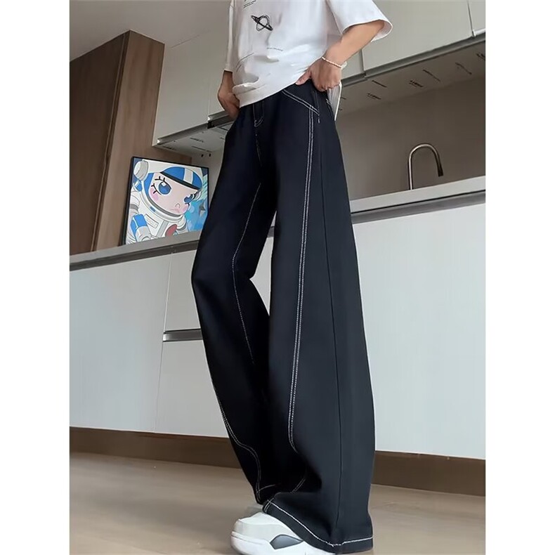 网络图现货潮牌高腰百搭黑色拼接显瘦显腿阔腿牛仔裤J2138-P38,男装牛仔裤,星座715-7