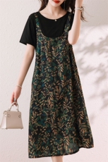 现货2023夏季新款印花假两件气质显瘦背带连衣裙，女装连衣裙，余墨