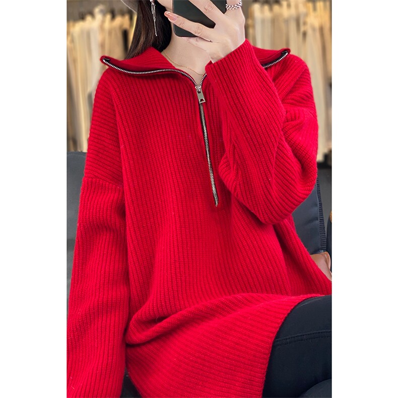 中长款100%纯羊毛衫女半开拉链加厚长袖毛衣宽松羊绒衫针织打底衫,女装连衣裙,若菲羊绒