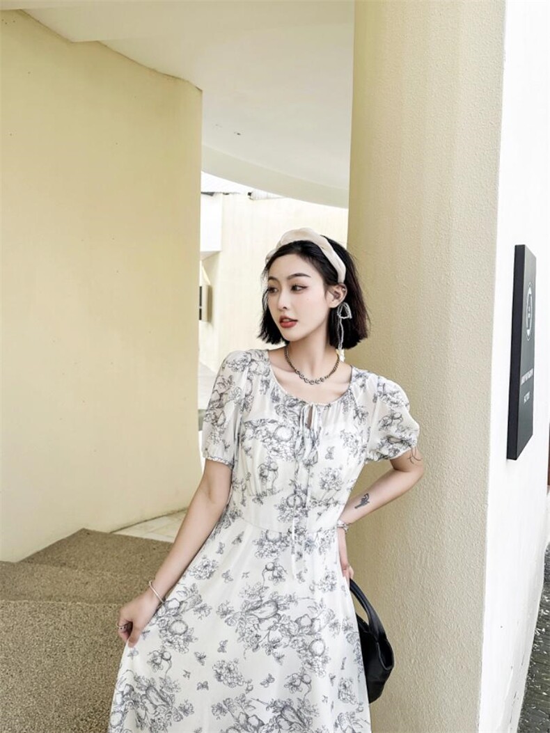 现货新款夏季连衣裙水墨印花短袖，女装连衣裙，荷塘月色