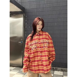美式潮牌复古红色格子衬衫女春夏长袖防晒衬衣设计感宽松情侣外套图片