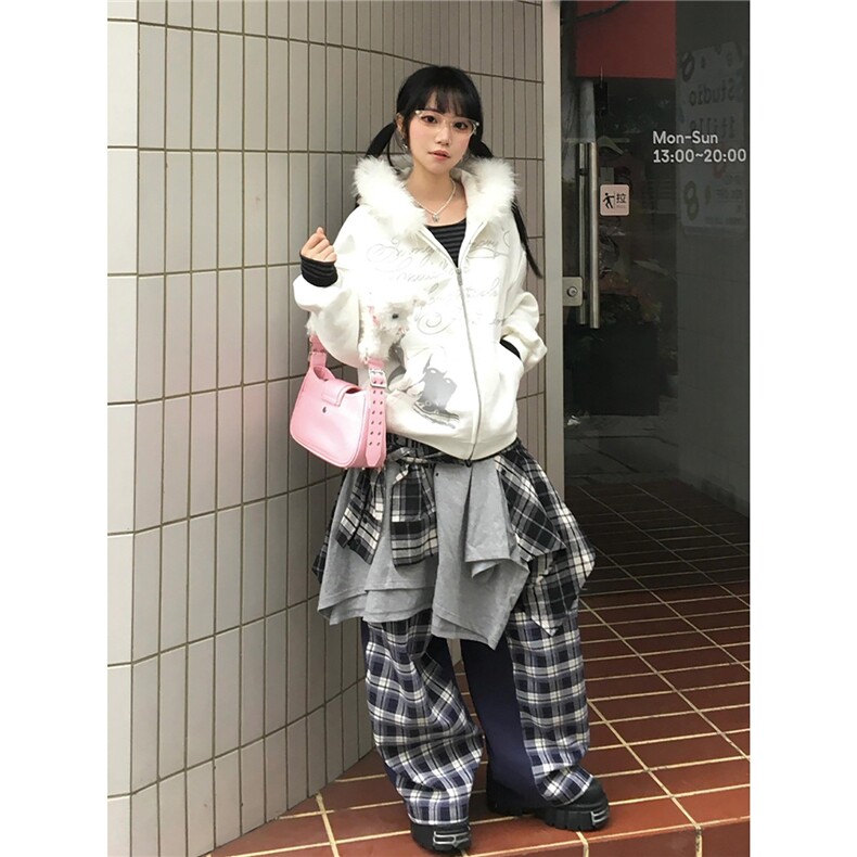 美式复古白色毛领连帽卫衣男女秋冬新款宽松字母印花拉链开衫外套,女装短外套,星座506A
