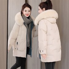 棉衣女2021年冬季新款女装时尚休闲加厚中长款连帽大毛领羽绒棉服,女装棉衣/棉服,关键词