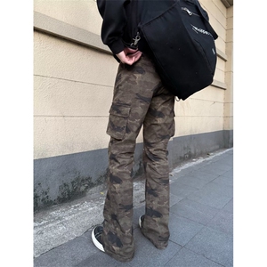 复古美式迷彩多口袋修身工装裤嘻哈微喇裤男女潮K8309-P53网络图,李菲儿小脚裤搭配图片