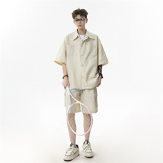 胖胖哥港风潮牌纯棉短袖衬衫男夏季大码宽松衬衣显瘦外套日常百搭，男装牛仔裤，星座516