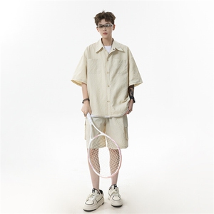 胖胖哥港风潮牌纯棉短袖衬衫男夏季大码宽松衬衣显瘦外套日常百搭图片