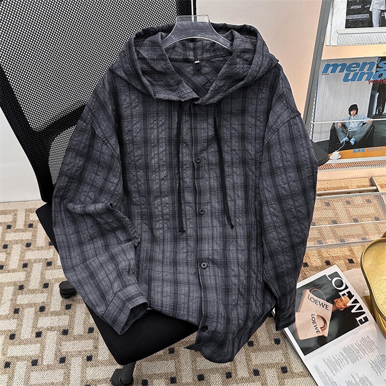 户外轻薄防晒格子连帽外套夏季新款宽松情侣长袖衬衣VW1289P40，男装防晒衣，星座1013-1