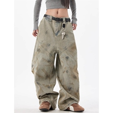 美式黄泥染重工脏洗阔腿牛仔裤男女水洗做旧宽松弯刀裤AM1076P62，男装牛仔裤，星座1013-5