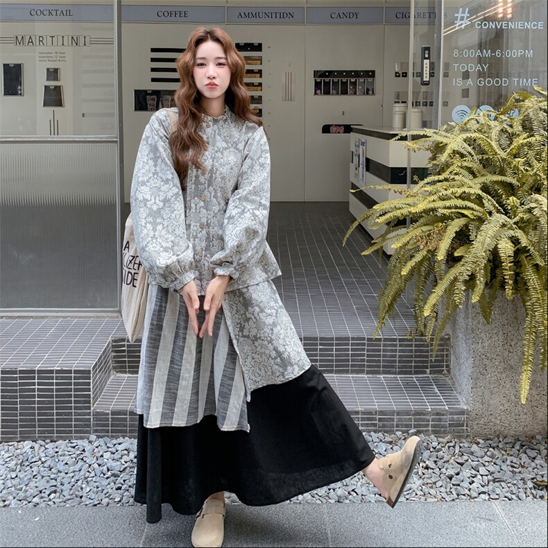 法式巨好看提花套装裙女秋2025新款长袖碎花衬衫拼接半身裙两件套,女装套装/套裙,2C032