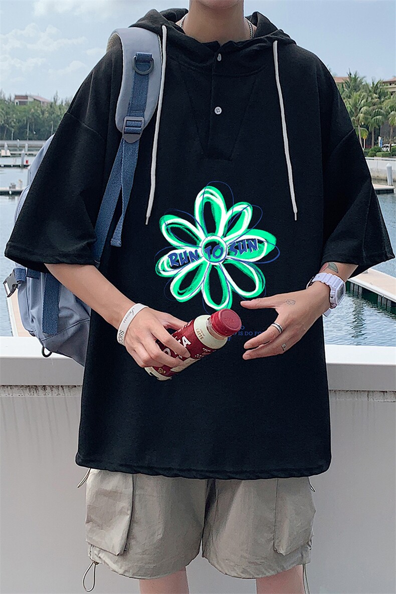LD54170-P45连帽短袖t恤男大码胖子带帽五分袖中袖,男装T恤,电商A040