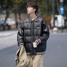 条纹拼接黑色皮棉衣男款冬季加厚美式pu皮棉服潮牌痞帅棒球服外套，男装棉衣，电商A028