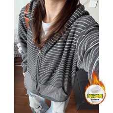 480G重磅加绒硬挺boxy男女秋冬美式高街条纹毛呢卫衣开衫厚外套，女装短外套，电商A486