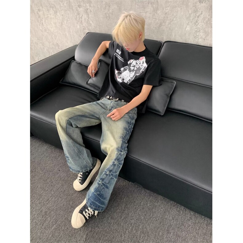 美式水洗捏褶牛仔裤高街宽松直筒cleanfit微喇长裤W0576P38,男装牛仔裤,星座1112-1