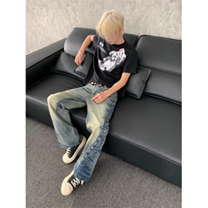 美式水洗捏褶牛仔裤高街宽松直筒cleanfit微喇长裤W0576P38，男装牛仔裤，星座1112-1