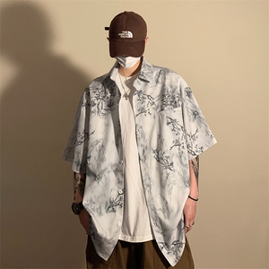风墨竹衬衫X5531-TP25不控价 复古印花中式青少年休闲宽松衬衫图片