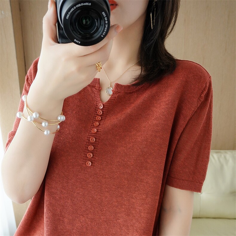 夏季新款新疆纯棉线针织短袖女V领多扣t恤宽松棉麻半袖薄款短上衣，女装T恤，斯尔特羊绒