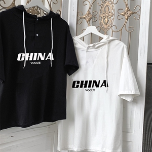 LD54001-P45 连帽短袖t恤男大码胖子带帽五分袖中袖图片
