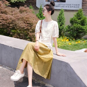 2022夏装新款舒适提花短袖上衣百搭纱裙两件套女士套装套裙图片