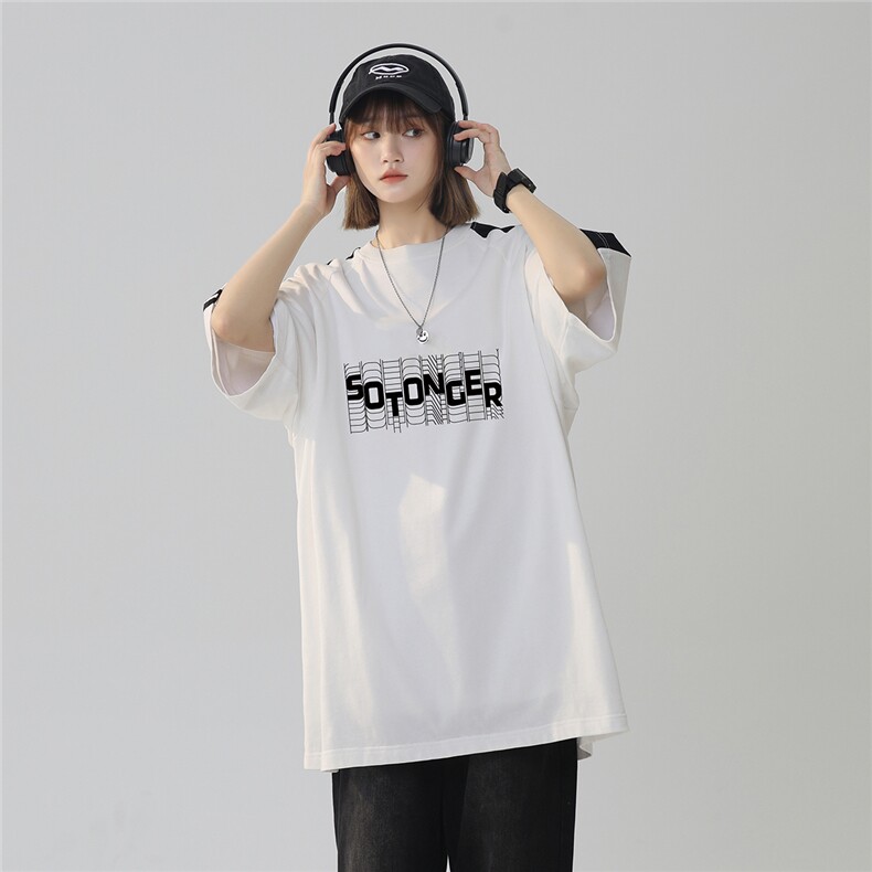 2025夏季新款创意字母印花休闲拼接港风T恤T1025/P35控49-棉,男装T恤,电商A148-1