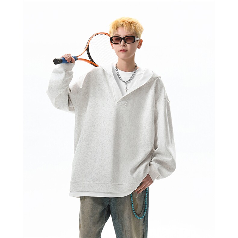 8XL-M叠穿假两件卫衣重磅连帽V领拼接套头衫宽松大码外套WY006P65图片