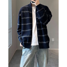 撞色条纹毛衣外套男宽松休闲慵懒风针织长袖拉链开衫MYT41P84，男装针织衫/毛衣，星座1013-5