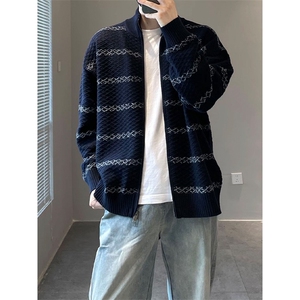 撞色条纹毛衣外套男宽松休闲慵懒风针织长袖拉链开衫MYT41 P84图片