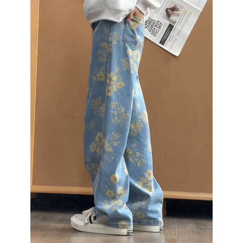花卉提花牛仔裤男款秋季美式潮牌痞帅炸街裤子窄版直筒裤图片