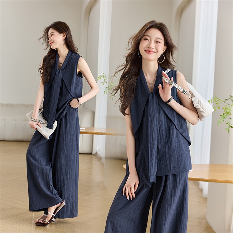 设计感绑带背心上衣阔腿裤两件套女2025春新款宽松时尚慵懒风套装，女装套装/套裙，艾瑞儿