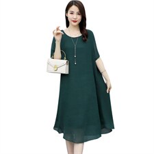 （现货）时尚显瘦大码女装夏季新款圆领宽松纯色短袖中长款连衣裙，女装大码女装，深妍伊美