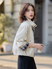 时尚休闲立领抽绳短外套女2025秋季格纹袖口拼接宽松显瘦夹克上衣，女装短外套，沁沁公主