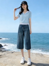 时尚简约套装女夏季新款洋气减龄蓝色翻领条纹上衣牛仔中裤两件套，女装套装/套裙，江南