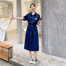 2021夏季时尚简约大方气质优雅收腰显色纯色印花性感休闲连衣裙牛仔，女装连衣裙，帛香坊