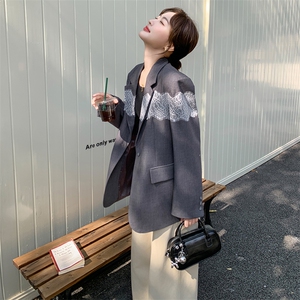 蕾丝拼接灰色西装外套女2025春季新款韩系休闲气质高级感炸街西服图片