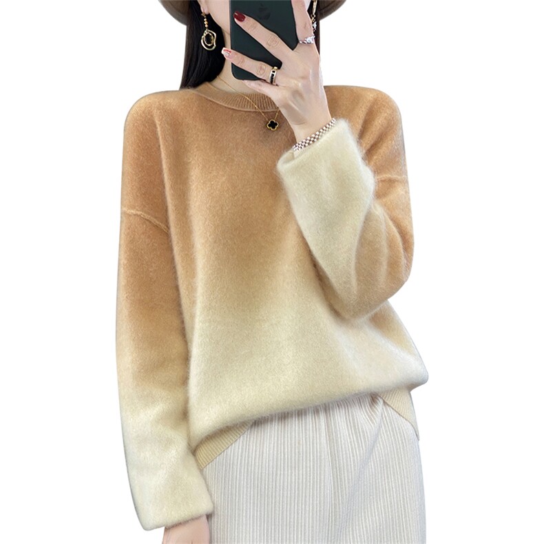 时尚渐变色高级感纯山羊绒衫宽松拉绒长毛绒毛衣秋冬女打底针织衫,女装羊绒衫,臻维羊绒
